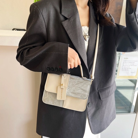 Bolso Bandolera Para Mujer Cuero PU Color De Contraste Bolso Cuadrado Pequeño Con Asa Superior Y Correa Ajustable