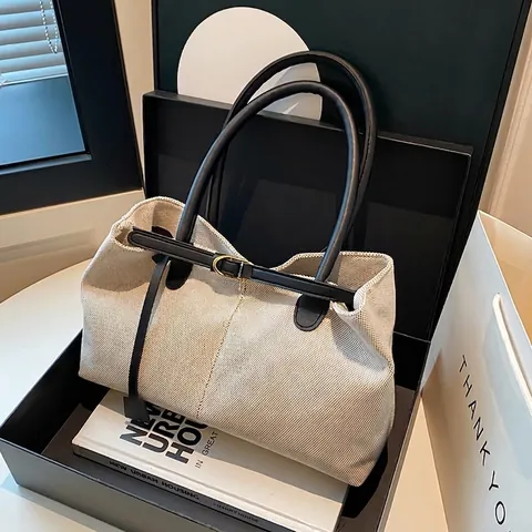 Grand Sac Fourre-tout En Tricot Sac À Main Minimaliste Avec Bandoulière Contrastée En Simili Cuir Pour Femme Style Rétro