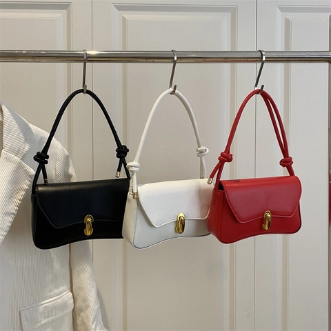 Minimalist Women PU Leather Underarm Bag Fashion Knotted Shoulder Strap Small Square Crossbody Bag Solid Color Flap Purse