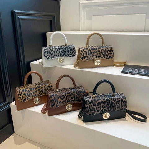 Borsa A Tracolla Vintage Patchwork Leopardato Borsa A Mano In Pelle PU Con Chiusura Ruotabile Dorata Per Donna Moda