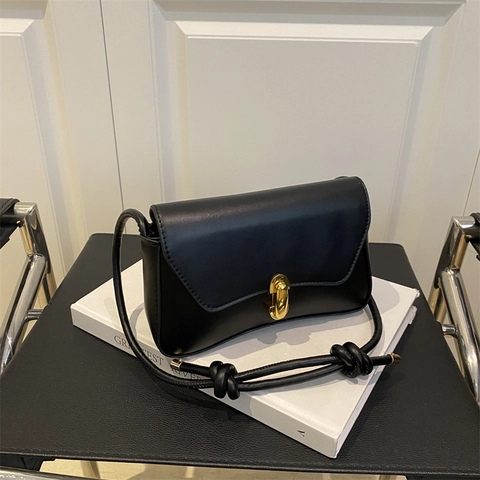 Women Shoulder Underarm Bag PU Leather Solid Color Fashion Baguette With Knot Strap Golden Metal Lock Minimalist Style