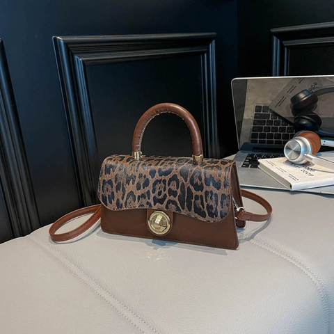 Dames Luipaardprint Patchwork PU Leren Handtas Retro Kleine Vierkante Crossbodytas Draaislot Woon-werkverkeer Schoudertas