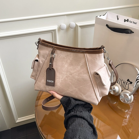 Bolso De Hombro Retro Para Mujer Gran Capacidad Cuero PU Lona Color Contraste Bolso De Axila Vintage Casual