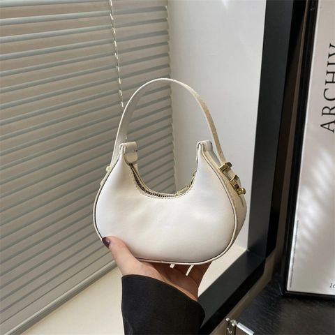 Women Vintage Crescent Hobo Bag PU Leather Mini Handbag With Gold Hardware Elegant Minimalist Solid Color Shoulder Bag