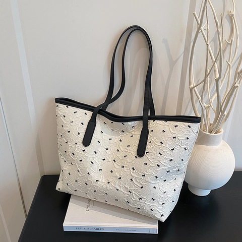 Borsa Tote Grande Da Donna Trama Increspata Stampa Fiocco Borsa A Spalla Casual Versatile Elegante