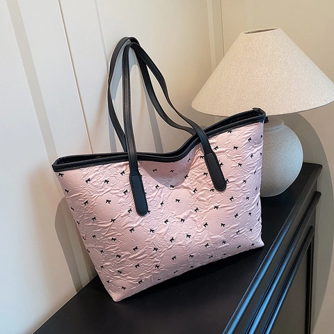 Borsa Tote Grande Da Donna Trama Increspata Stampa Fiocco Borsa A Spalla Casual Versatile Elegante