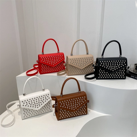 Bolso Bandolera Pequeño Cuadrado de Cuero PU Con Remaches para Mujer Con Asa Superior Bolso de Hombro para Uso Diario