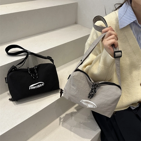 Casual Crossbody Bag For Women Lightweight Wrinkled Nylon Shoulder Bag With Letter Print And Adjustable Strap