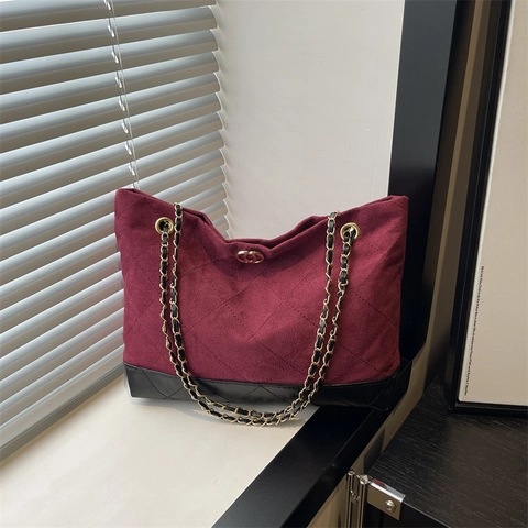 Gesteppte Gitter Wildleder Kunstleder Tote Bag Damen Kette Schultertasche Mode Handtasche Große Kapazität Unterarmtasche