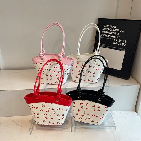 Bolso Cubo de Mujer Cuero PU Estampado Cerezas Moda Callejera Asa con Nudo Bolso de Hombro Color en Contraste Cremallera