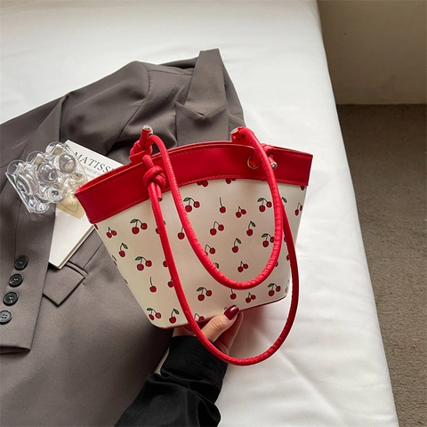 Damen Eimer Umhängetasche PU Leder Kirschdruck Knotengriff Reißverschluss Trendig Süß Pendler Handtasche