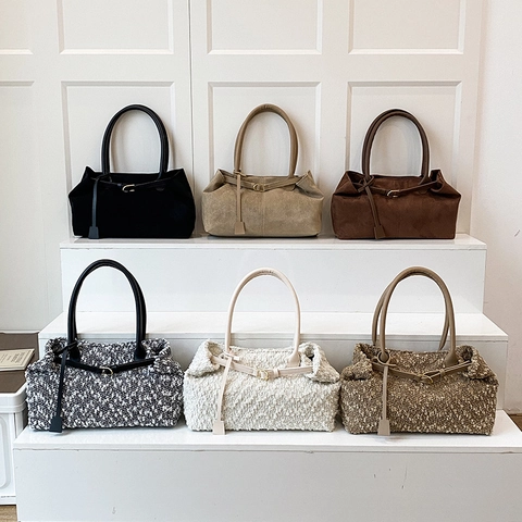 Borsa Tote Vintage Grande Capacità Donna Pelle PU Opaca E Pelliccia Sintetica Borsa A Spalla Decorazione Fibbia Dorata Mano