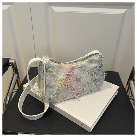 Bolso de Hombro de Denim para Mujer Elegante Bordes Deshilachados Patrón Estrella Tablero de Ajedrez Casual Y2K Bolso de Axila Retro Bandolera