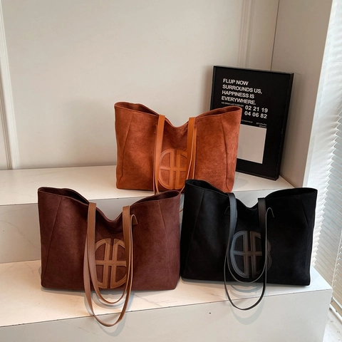 Sac Cabas Vintage en Suédine Grande Capacité pour Femmes Sac à Épaule Minimaliste Rétro Main Décontracté Mode Urbaine