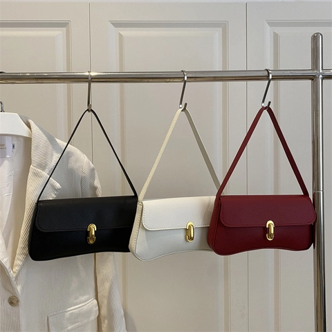 Women Fashion PU Leather Baguette Underarm Bag Litchi Pattern Shoulder Bag With Gold Metal Buckle Solid Color Daily Bag