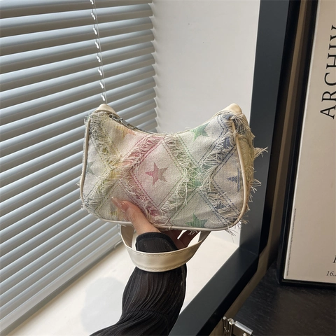 Damen Mode Denim Stern Kariert Schultertasche Mit Ausgefranster Kante Fransen Unterachsel Kleine Quadratische Umhängetasche Damen