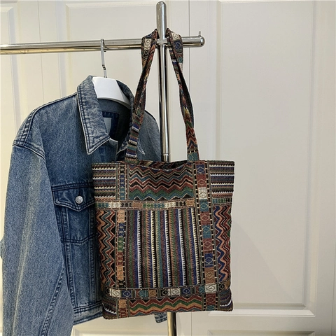 Ethnic Woven Tote Bag Geometric Wave Pattern Large Capacity Bohemian Shoulder Handbag For Daily Casual Commute