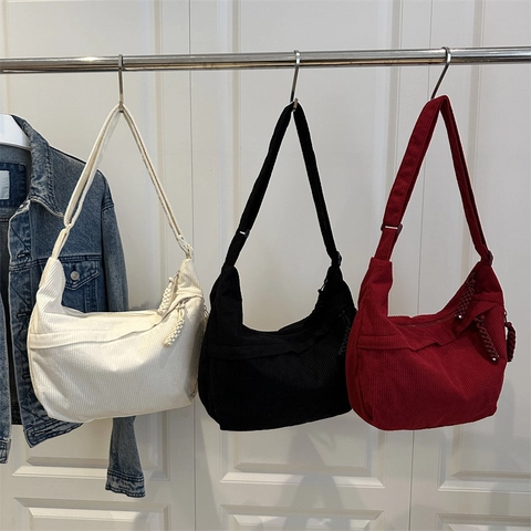 Large Capacity Hobo Bag Corduroy Half Moon Crossbody Shoulder Bag Adjustable Strap Braided Zipper Pull Vintage Style