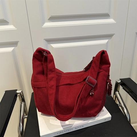 Large Capacity Hobo Bag Corduroy Half Moon Crossbody Shoulder Bag Adjustable Strap Braided Zipper Pull Vintage Style