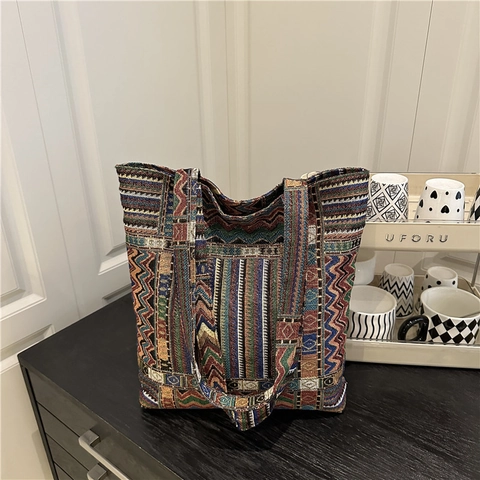 Ethnic Woven Tote Bag Geometric Wave Pattern Large Capacity Bohemian Shoulder Handbag For Daily Casual Commute