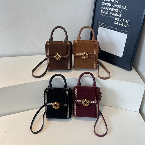 Borsa Tracolla Vintage Effetto Scamosciato PU Donna Piccola Borsa Mano Chiusura Metallo Manico Borsa Spalla Elegante
