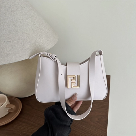 Women Retro PU Leather Underarm Bag Elegant Shoulder Baguette Bag With Gold Metal Buckle And Adjustable Strap Solid Color