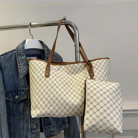 Vintage Monogramm Handtasche Große Kapazität Kunstleder Schulter Tote Bag Mit Kleiner Reißverschlusstasche Für Damen Pendeln