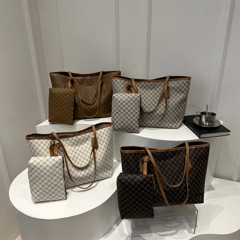 Vintage Monogramm Handtasche Große Kapazität Kunstleder Schulter Tote Bag Mit Kleiner Reißverschlusstasche Für Damen Pendeln