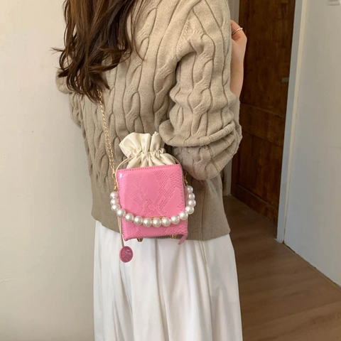 Mini Bolso Cubo Patrón Serpiente Cuero PU Asa Perla Artificial Cadena Dorada Cordón Bolso Elegante Para Mujeres