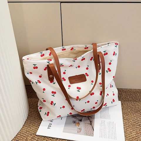 Kersenprint Tote Bag Nylon Grote Capaciteit Schoudertas Met Handvat Van Synthetisch Leer Voor Dames Casual Stijl