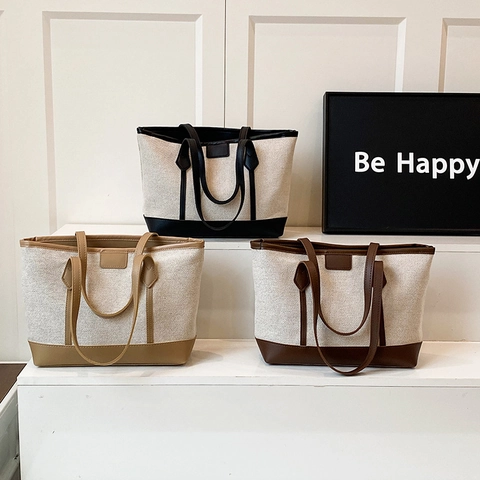 Grand Sac Fourre-Tout Toile Cuir PU Patchwork Bordure Contrastée Fermeture Éclair Sac Épaule Sous L'Aisselle Pour Femmes Quotidien