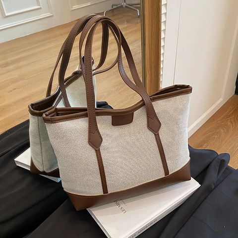 Grand Sac Fourre-Tout Toile Cuir PU Patchwork Bordure Contrastée Fermeture Éclair Sac Épaule Sous L'Aisselle Pour Femmes Quotidien