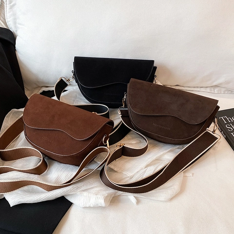 Retro Saddle Crossbody Bag For Women Matte PU Suede Half Moon Shoulder Purse With Wave Edge Flap Wide Fabric Strap