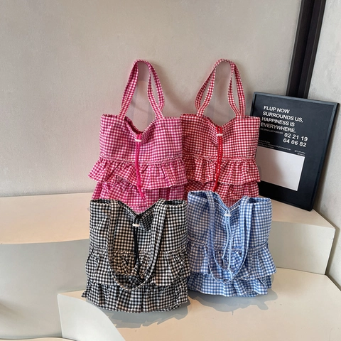 Mode Femmes Gingham Toile Grand Sac Doux Volant Cordon de Serrage Sac à Épaule Grande Capacité Quotidien Casual Sac à Carreaux