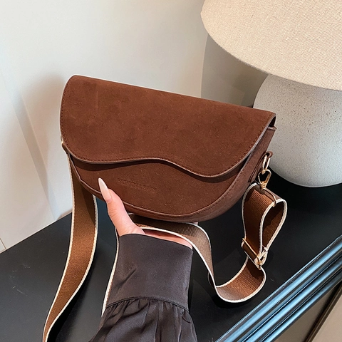 Retro Saddle Crossbody Bag For Women Matte PU Suede Half Moon Shoulder Purse With Wave Edge Flap Wide Fabric Strap