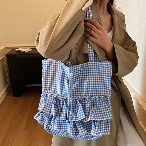 Women Gingham Canvas Shoulder Bag Ruffled Large Capacity Tote With Drawstring Korean Style Versatile Handbag