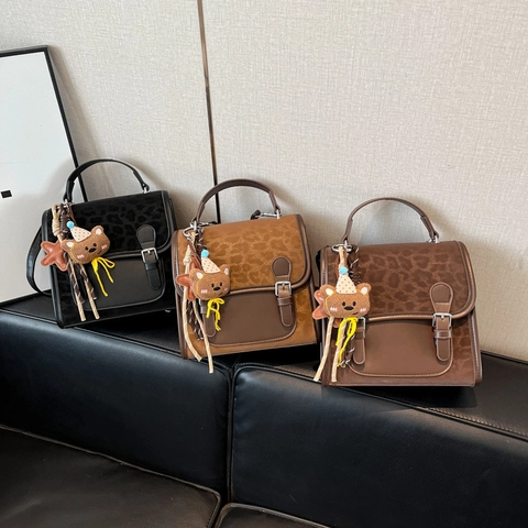 Vintage Leopard Patchwork PU Leather Crossbody Bag Multi-way Mini Backpack With Cute Bear Pendant Preppy Style For Women