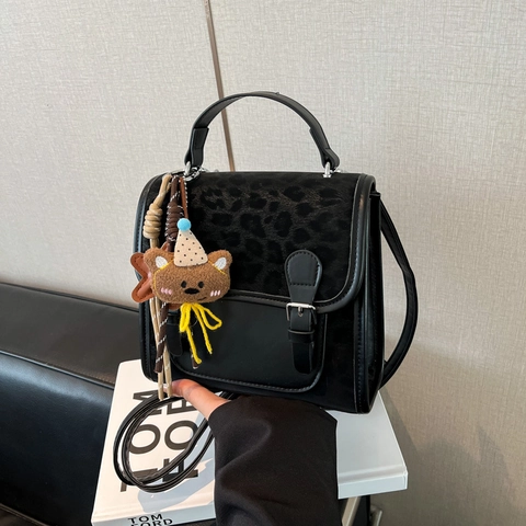 Vintage Leopard Patchwork PU Leather Crossbody Bag Multi-way Mini Backpack With Cute Bear Pendant Preppy Style For Women
