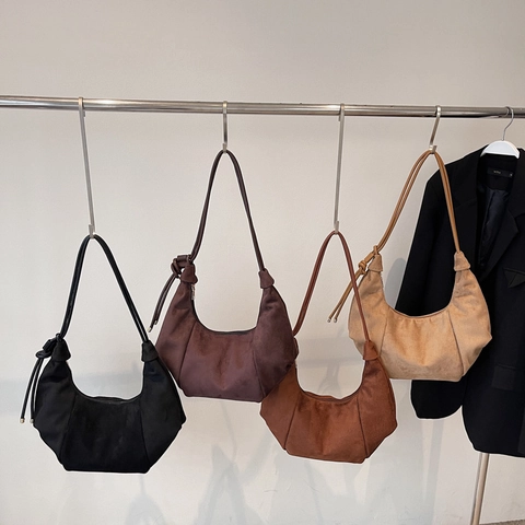 Women Hobo Bag Suede Texture PU Half Moon Underarm Shoulder Bag Knotted Strap Retro Simple Large Space Zipper