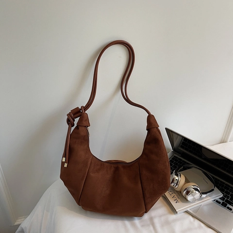 Women Hobo Bag Suede Texture PU Half Moon Underarm Shoulder Bag Knotted Strap Retro Simple Large Space Zipper