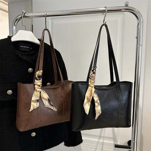Large Capacity PU Leather Tote Bag With Decorative Satin Scarf Solid Color Retro Minimalist Shoulder Bag For Women