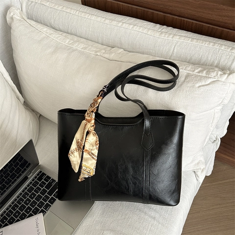 Large Capacity PU Leather Tote Bag With Decorative Satin Scarf Solid Color Retro Minimalist Shoulder Bag For Women