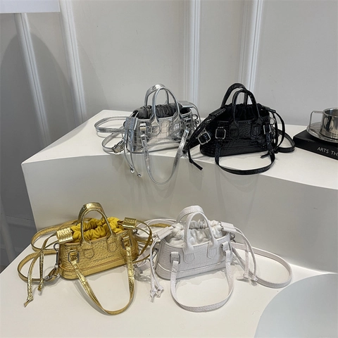 Damen Krokodil Prägung PU Leder Beuteltasche Minimalistische Schulter Umhängetasche Mit Kordelzug Innentasche Lässige Handtasche