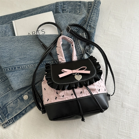 Mini Mochila Sweet Lolita Cuero Sintético Tela Arrugada Volantes Lazo Corazón Colgante Color Contraste Moda Casual