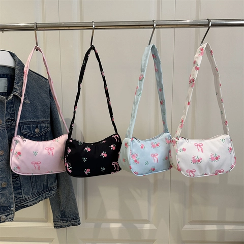 Borsa Sottobraccio Con Stampa Floreale Di Rose E Fiocco Donna Dolce Y2K Nastro Cerniera Spalla Hobo