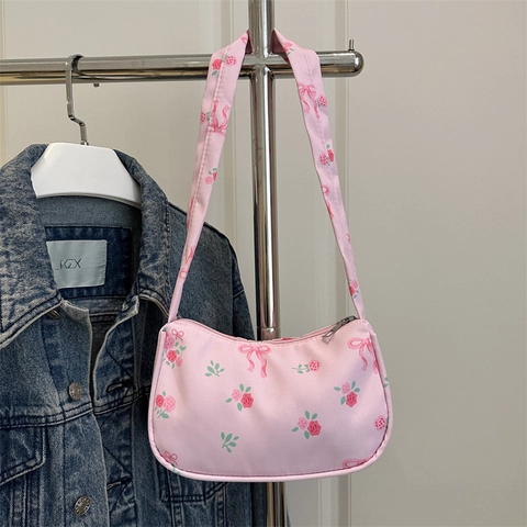 Floral Print Unterachsel Schultertasche Damen Rosen Schleife Muster Nylon Stoff Reißverschluss Casual Retro Hobo Handtasche