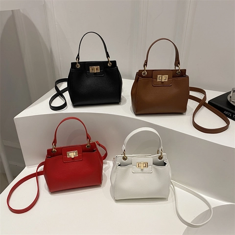 Sac Seau pour Femme en Cuir PU Couture Texture Litchi Sac à Main Épaule Sac Bandoulière Avec Serrure Métallique Sac Quotidien pour Dame