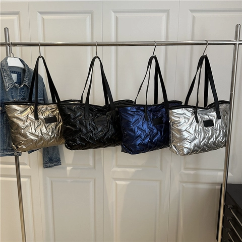 Quilted Metallic Tote Bag Large Capacity Padded Lightweight Shoulder Handbag Casual Solid Color Fashion For Women