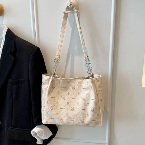 Borsa Tote Donna Grande Capacità Pelle PU Martellata Stampa Lettere Monogramma Coniglio Borsa Spalla Chic Con Tracolla Catena