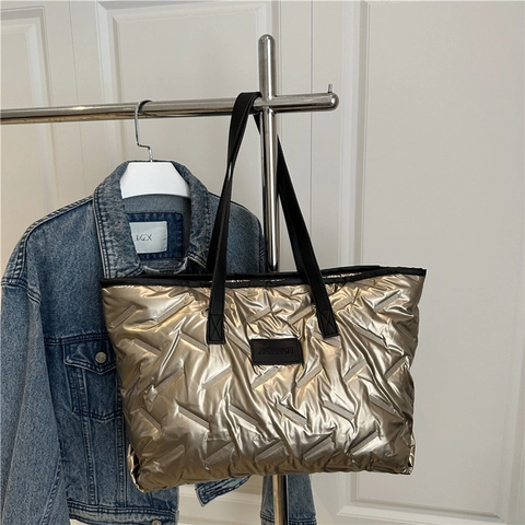Quilted Metallic Tote Bag Large Capacity Padded Lightweight Shoulder Handbag Casual Solid Color Fashion For Women